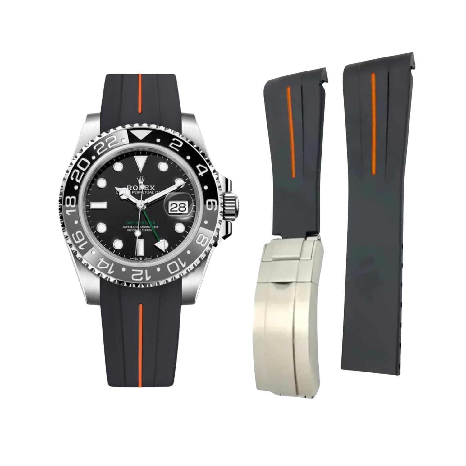 Deployant Rubber Strap - For Rolex GMT - Master II - Black w/Orange Line | LuxLine® - Helvetus
