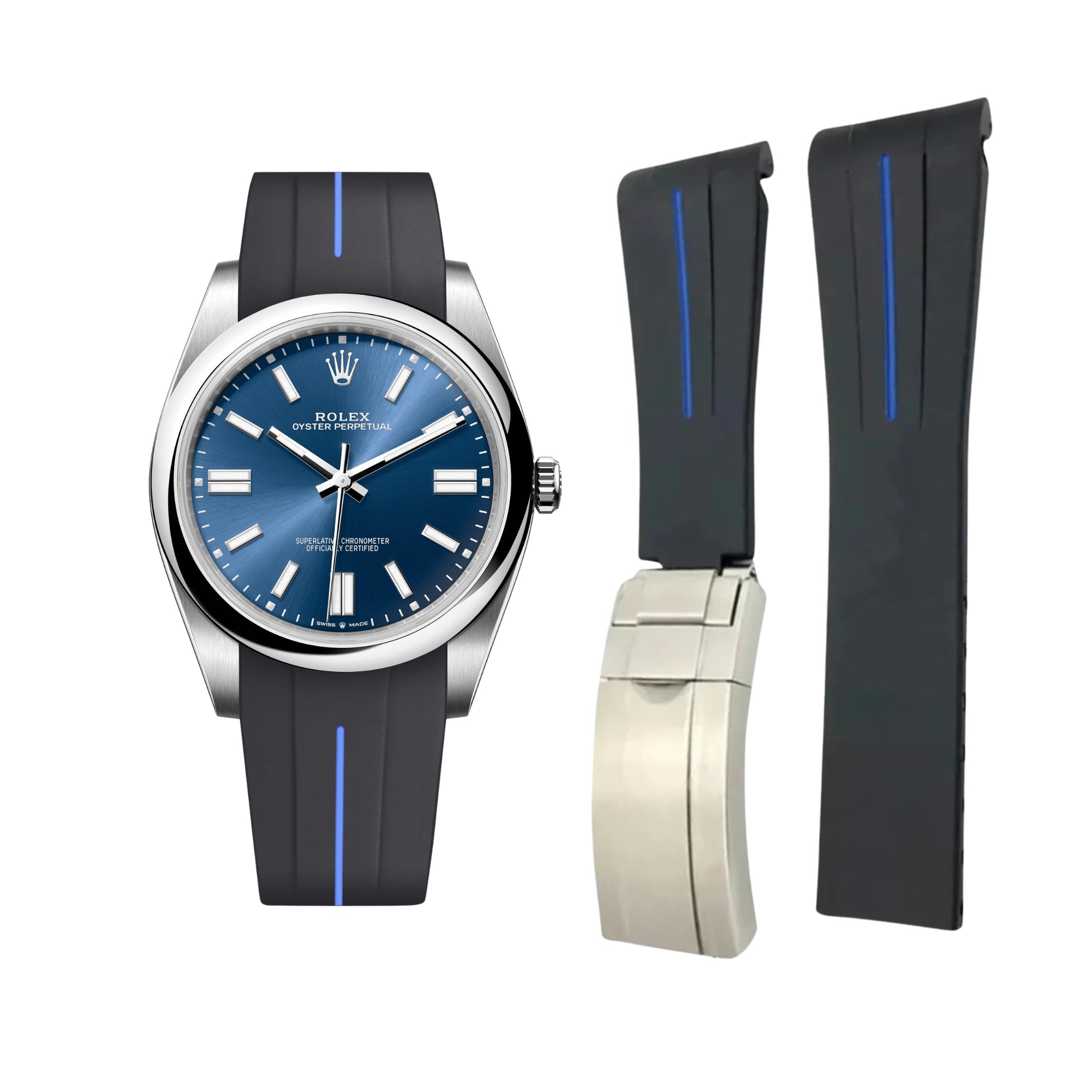 Deployant Rubber Strap - For Rolex Oyster Perpetual 41mm - Black w/Blue Line | LuxLine® - Helvetus