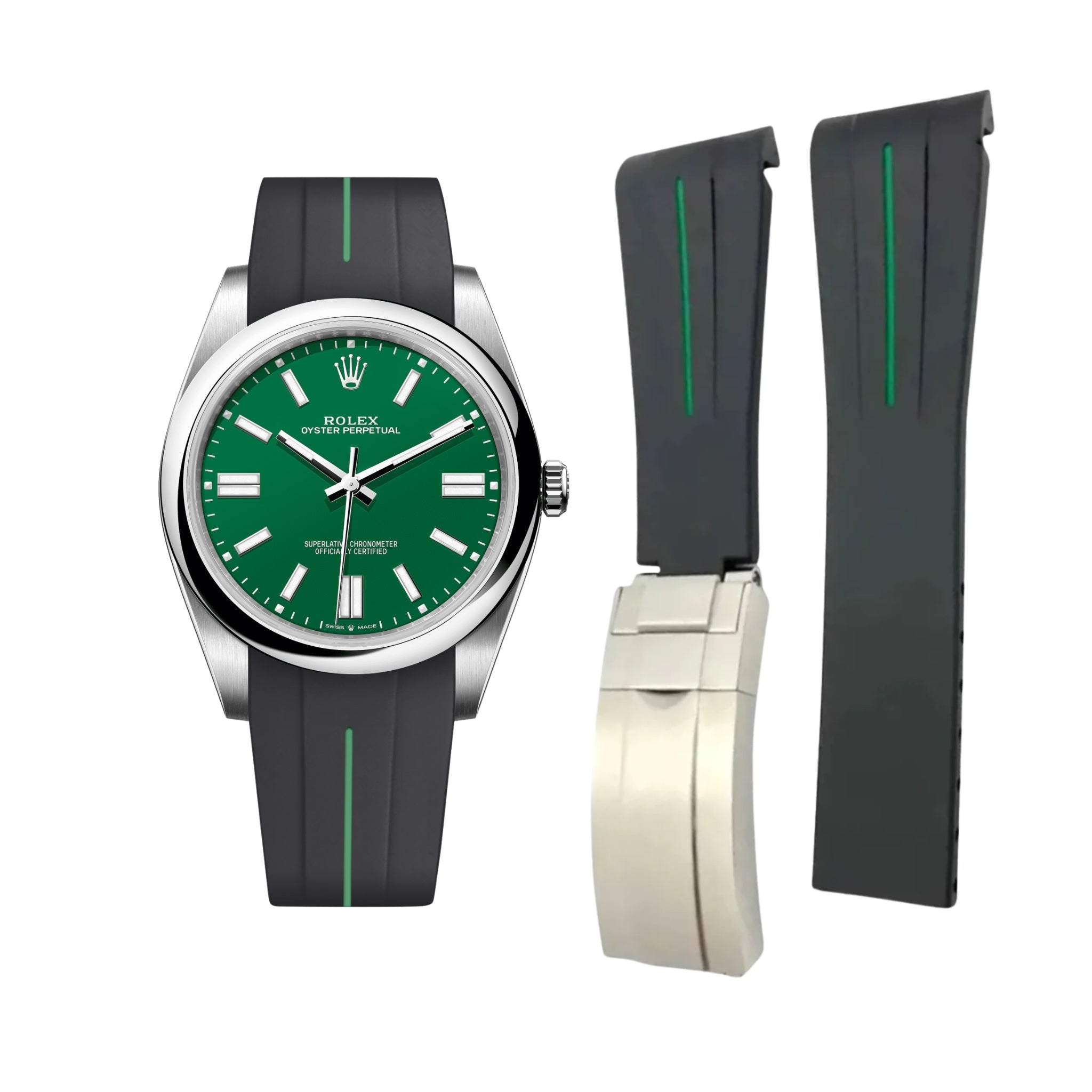 Deployant Rubber Strap - For Rolex Oyster Perpetual 41mm - Black w/Green Line | LuxLine® - Helvetus