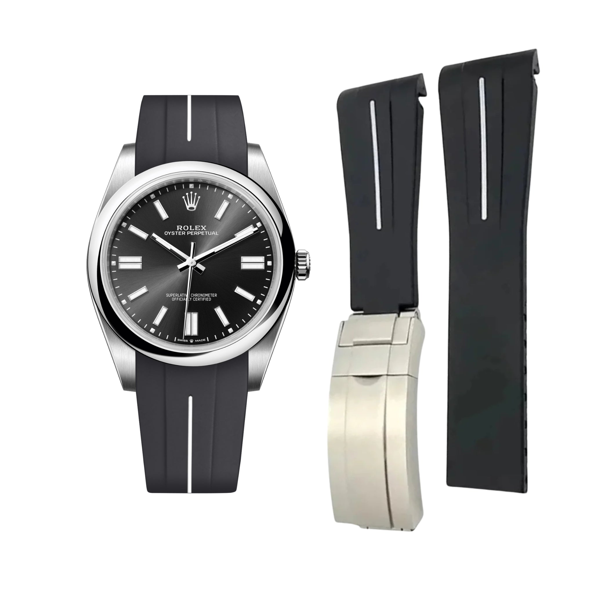 Deployant Rubber Strap - For Rolex Oyster Perpetual 41mm - Black w/White Line | LuxLine® - Helvetus