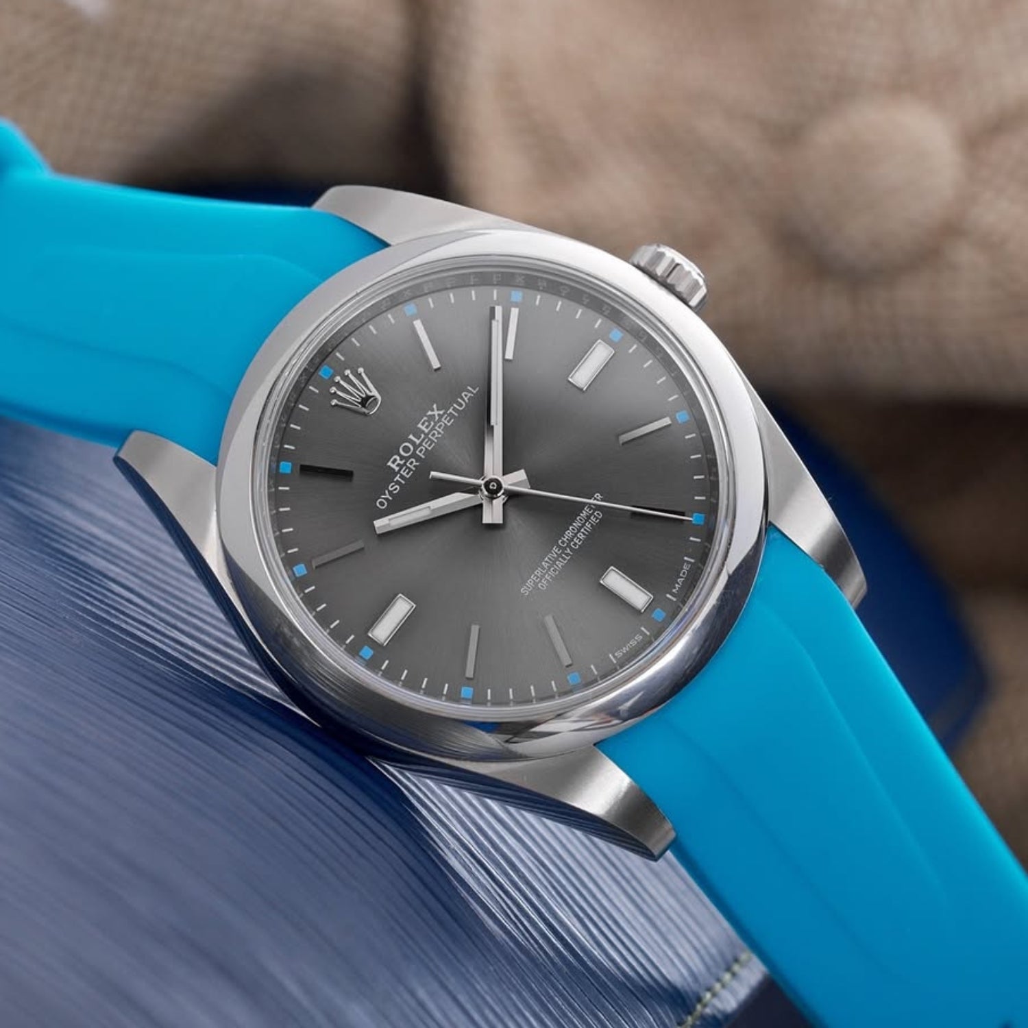 Deployant Rubber Strap - For Rolex Oyster Perpetual 41mm - Light Blue - Helvetus