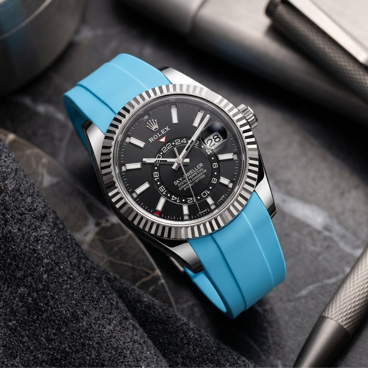 Deployant Rubber Strap - For Rolex Sky-Dweller - Light Blue - Helvetus