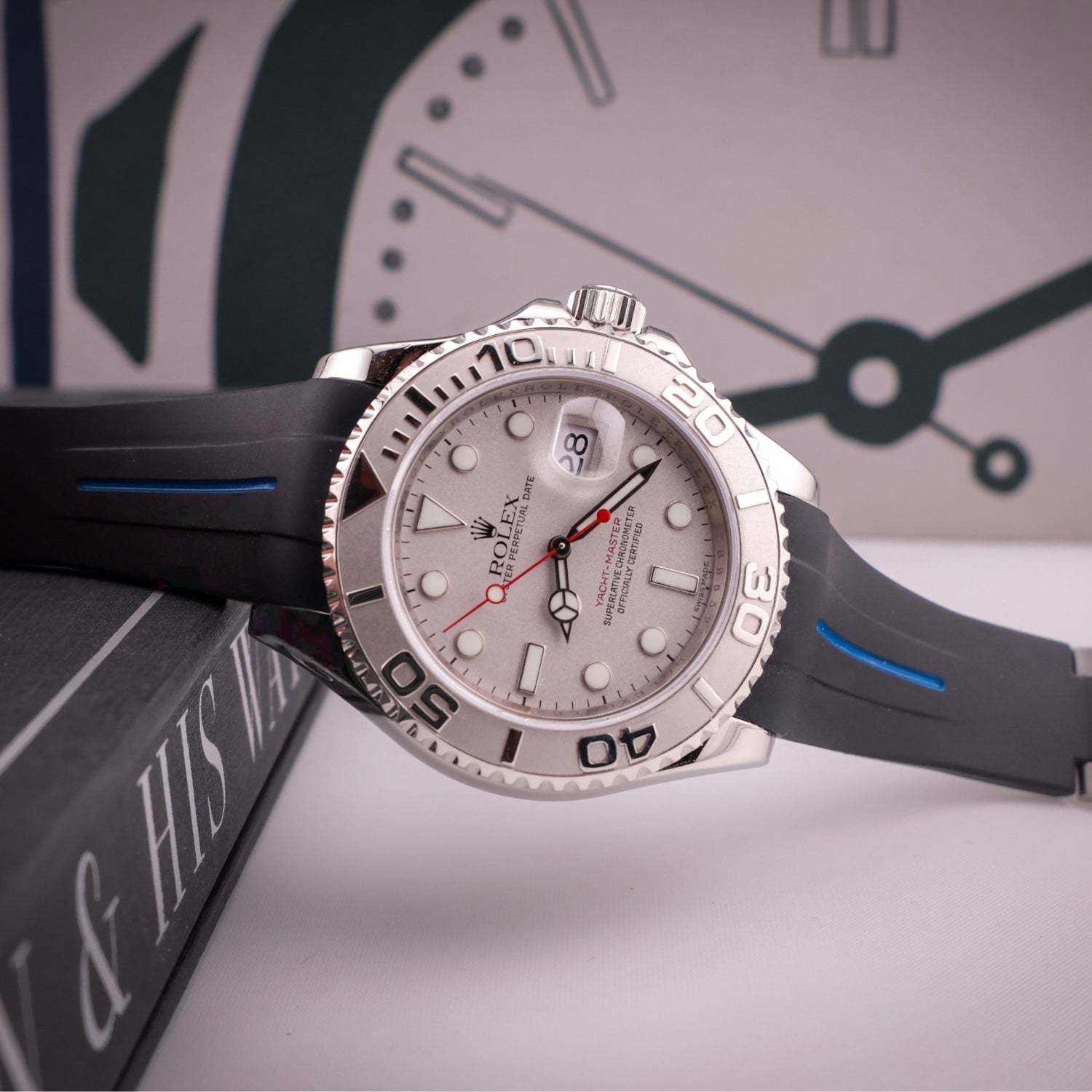 Deployant Rubber Strap - For Rolex Yacht - Master 40mm/42mm - Black w/Blue Line | LuxLine® - Helvetus