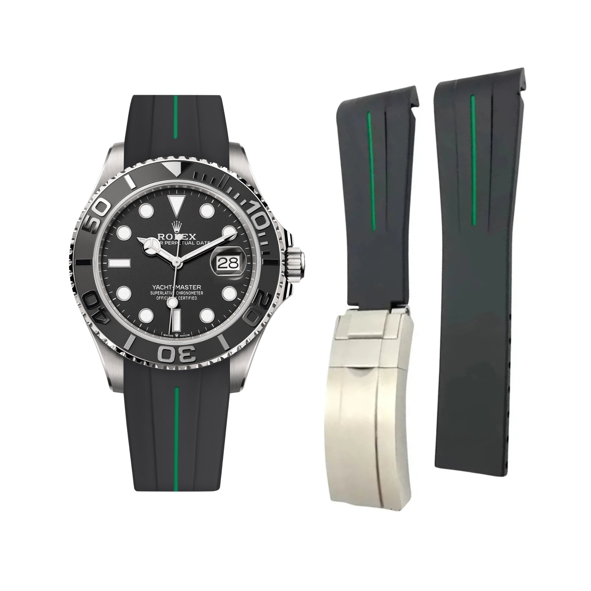 Deployant Rubber Strap - For Rolex Yacht - Master 40mm/42mm - Black w/Green Line | LuxLine® - Helvetus