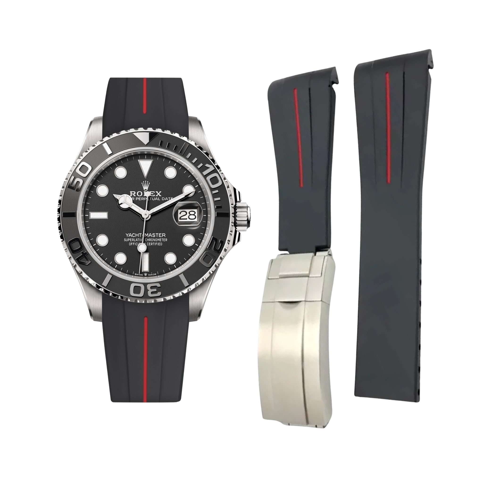 Deployant Rubber Strap - For Rolex Yacht - Master 40mm/42mm - Black w/Red Line | LuxLine® - Helvetus