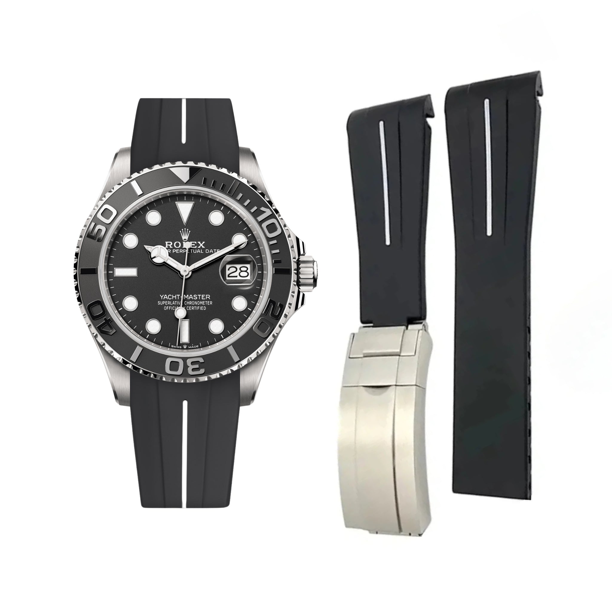 Deployant Rubber Strap - For Rolex Yacht - Master 40mm/42mm - Black w/White Line | LuxLine® - Helvetus