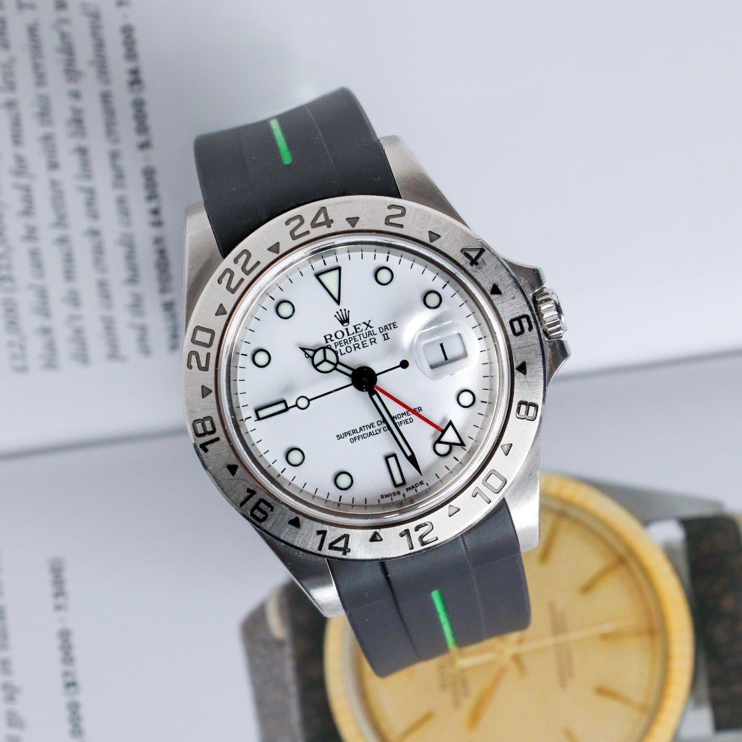 Deployant Strap - For Rolex Explorer II - Black w/Green Line | LuxLine® - Helvetus