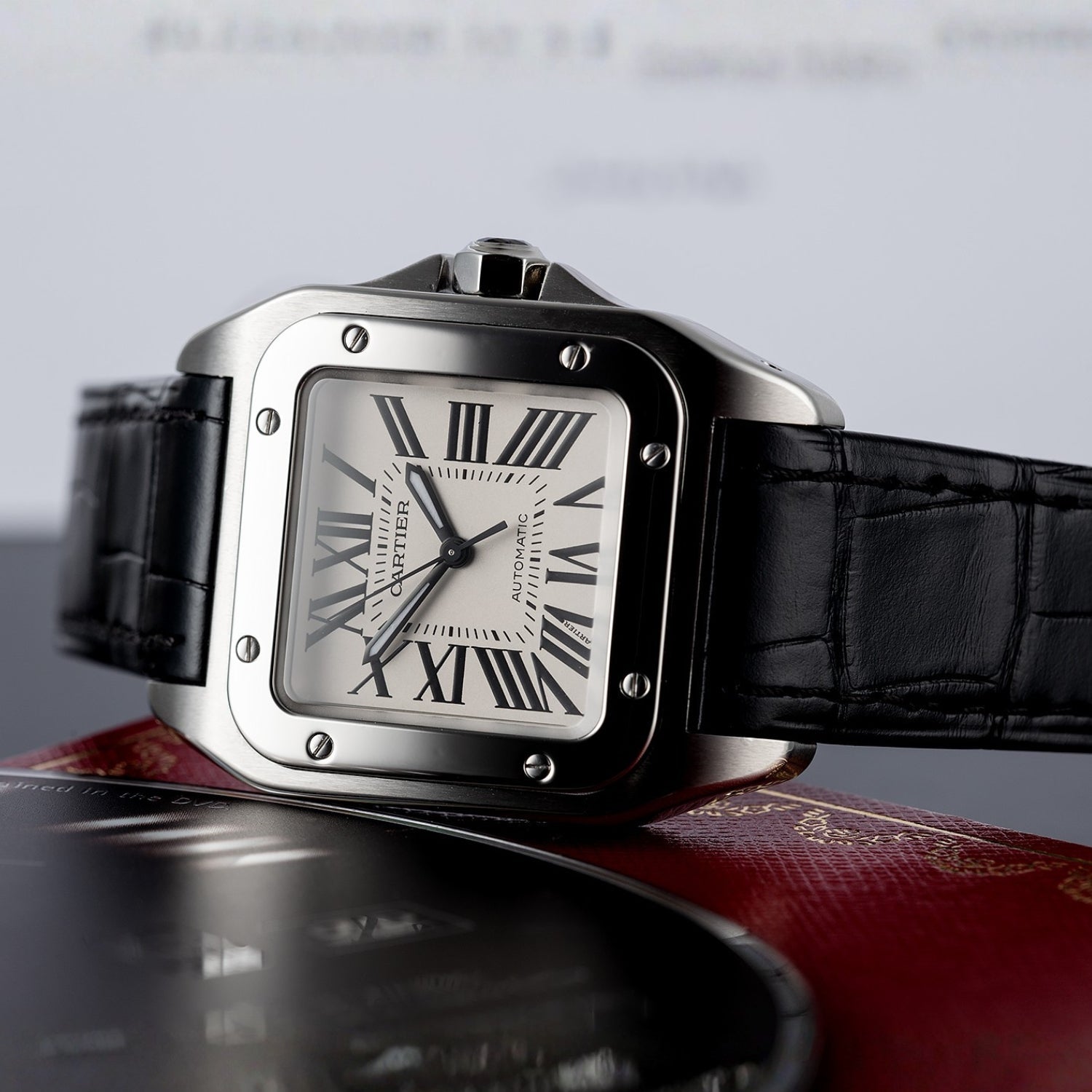 Leather Strap - For Cartier Santos 100 - Black - Helvetus