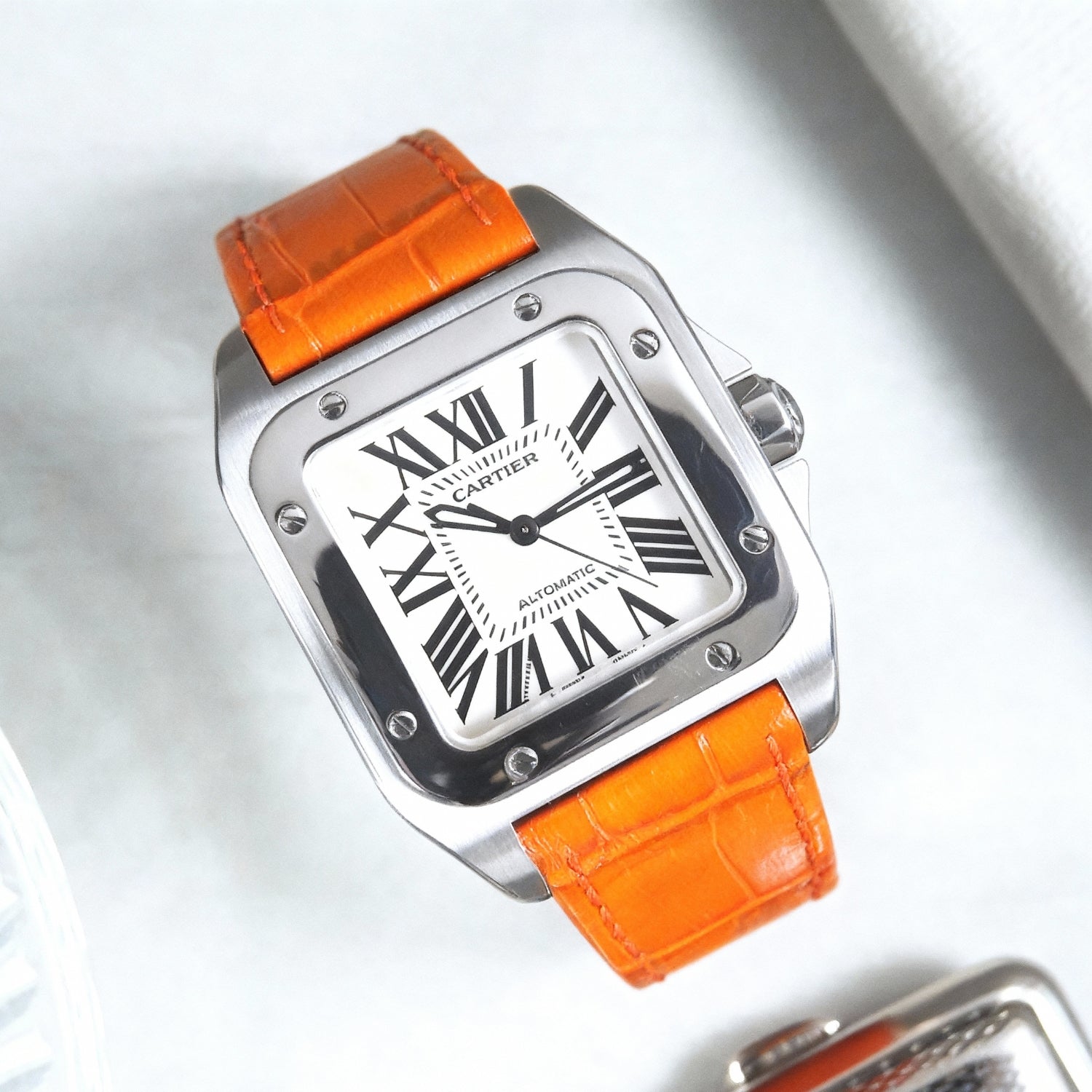 Leather Strap - For Cartier Santos 100 - Orange - Helvetus