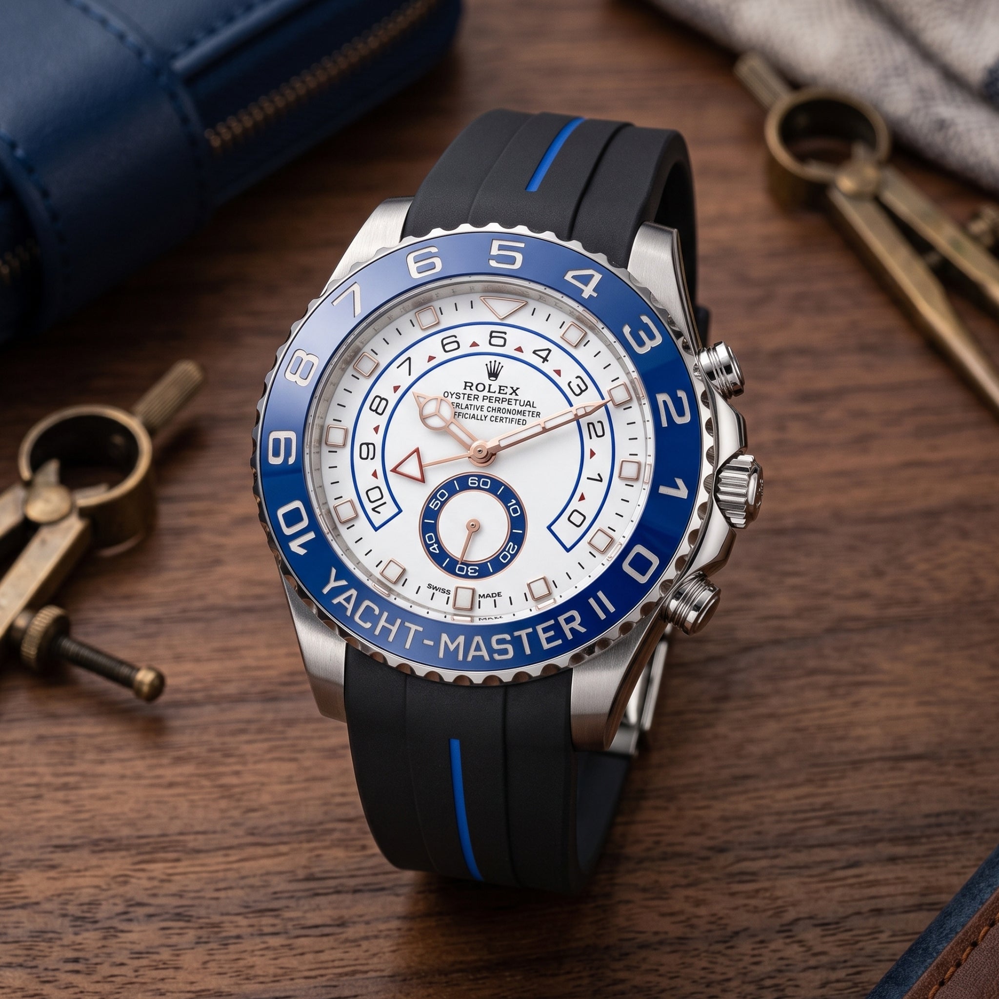 Bracelet déployant en caoutchouc pour Rolex Yacht-Master II 44 mm - Noir avec ligne bleue | LuxLine®