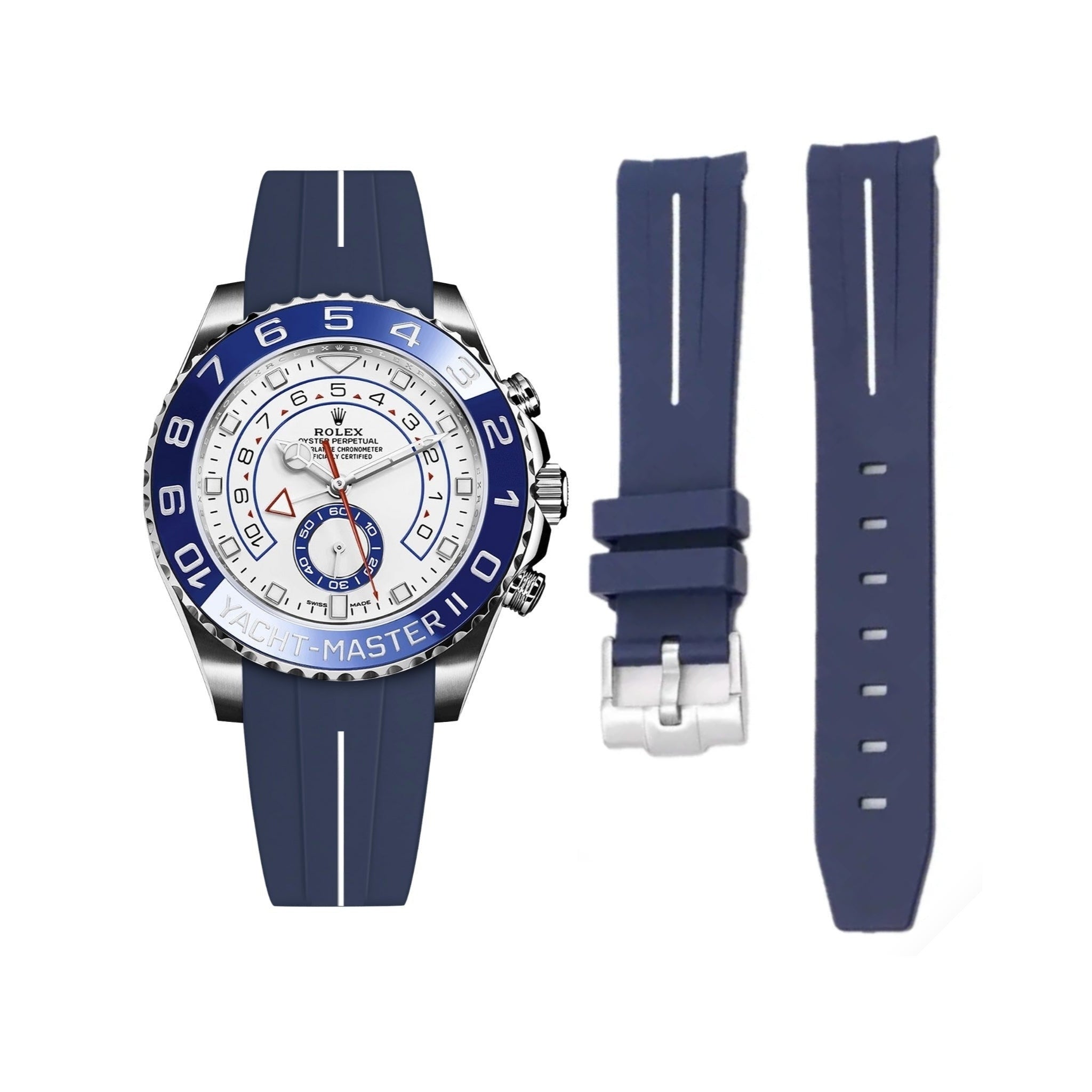 Bracelet en caoutchouc pour Rolex Yacht-Master II 44 mm – Bleu marine avec ligne blanche | LuxLine®