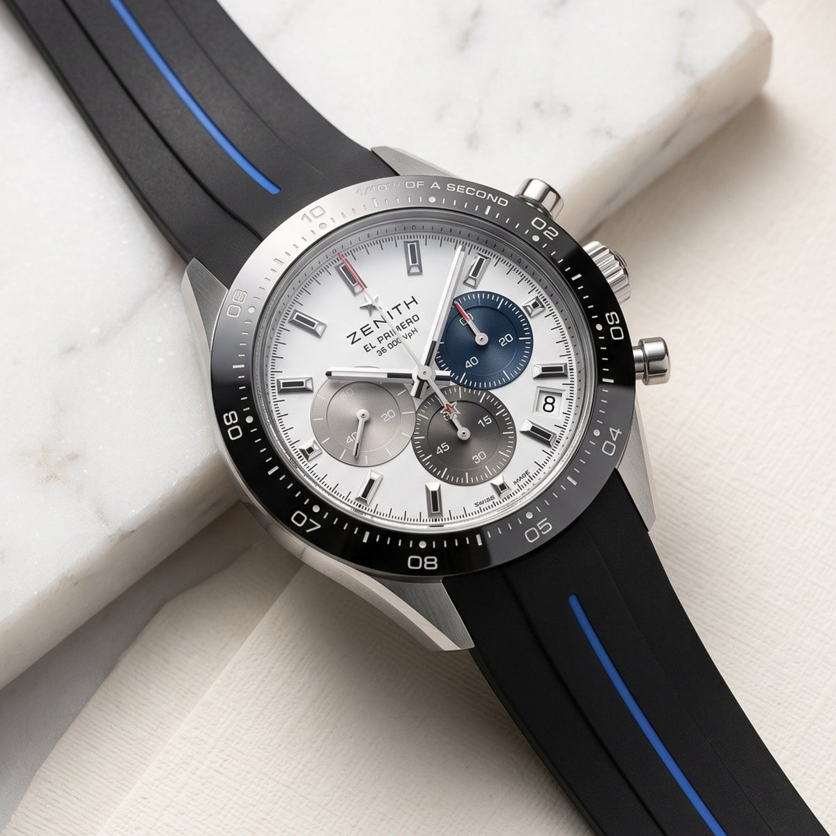 Rubber Strap - For all Zenith Chronomaster Models - Black w/Blue Line | LuxLine® - Helvetus