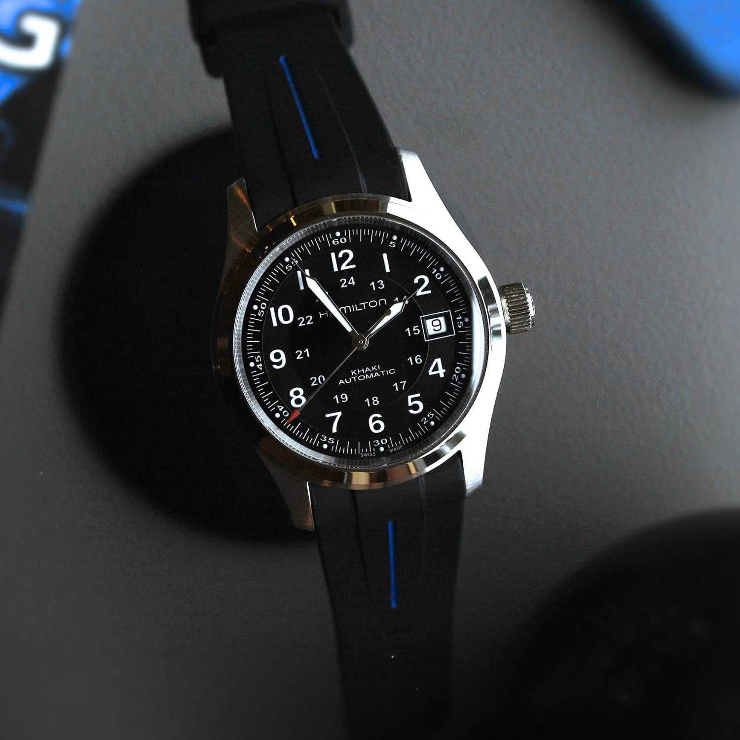 Rubber Strap – For Hamilton Khaki Field (38mm/40mm/42mm) - Black with Blue LuxLine® - Helvetus