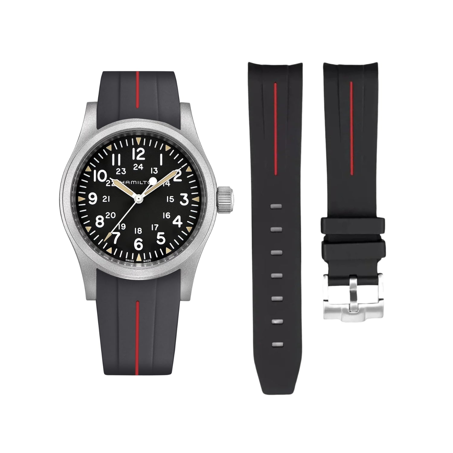 Rubber Strap – For Hamilton Khaki Field (38mm/40mm/42mm) - Black with Red LuxLine® - Helvetus