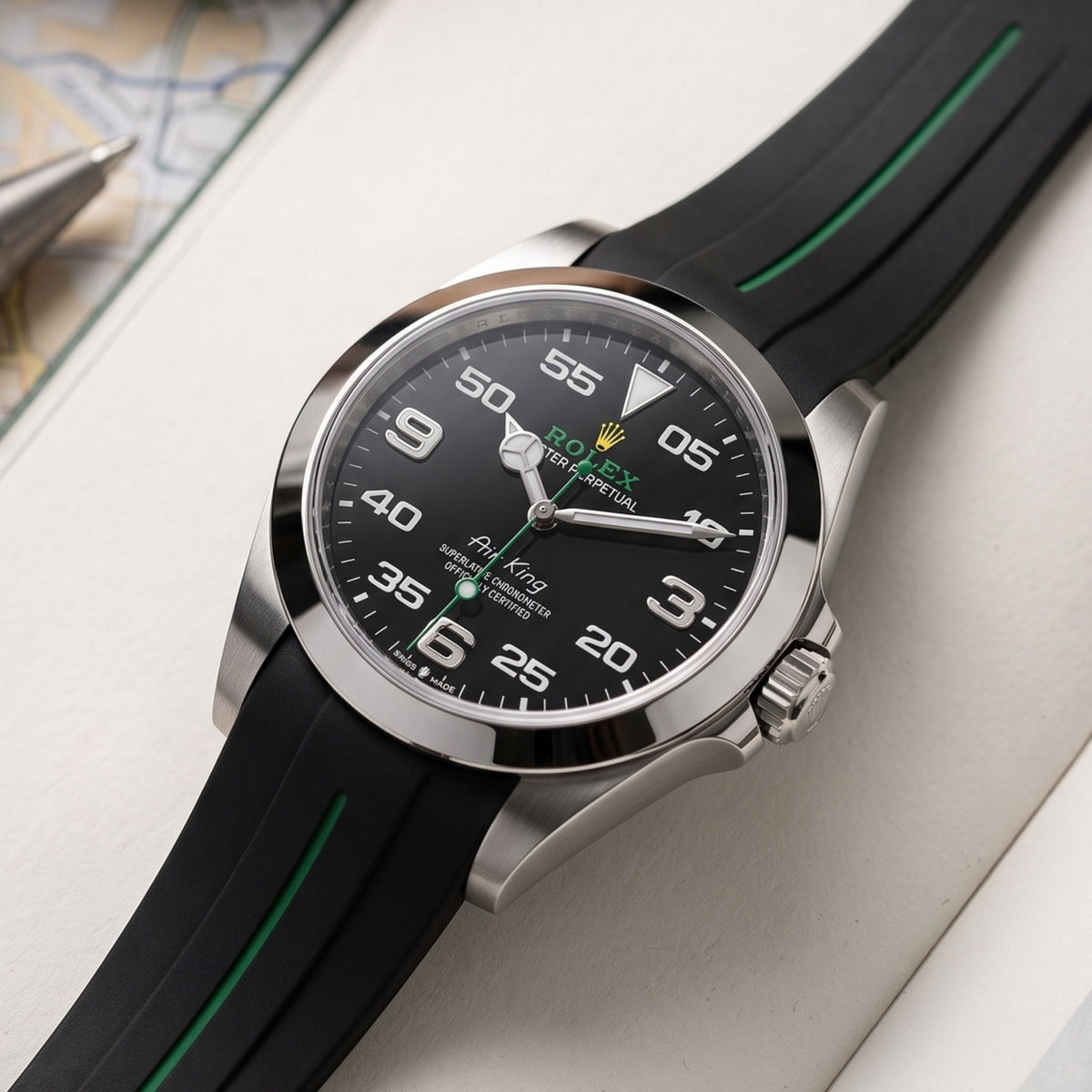 Rubber Strap - For Rolex Air-King 126900/116900 - Black/Green | LuxLine® - Helvetus