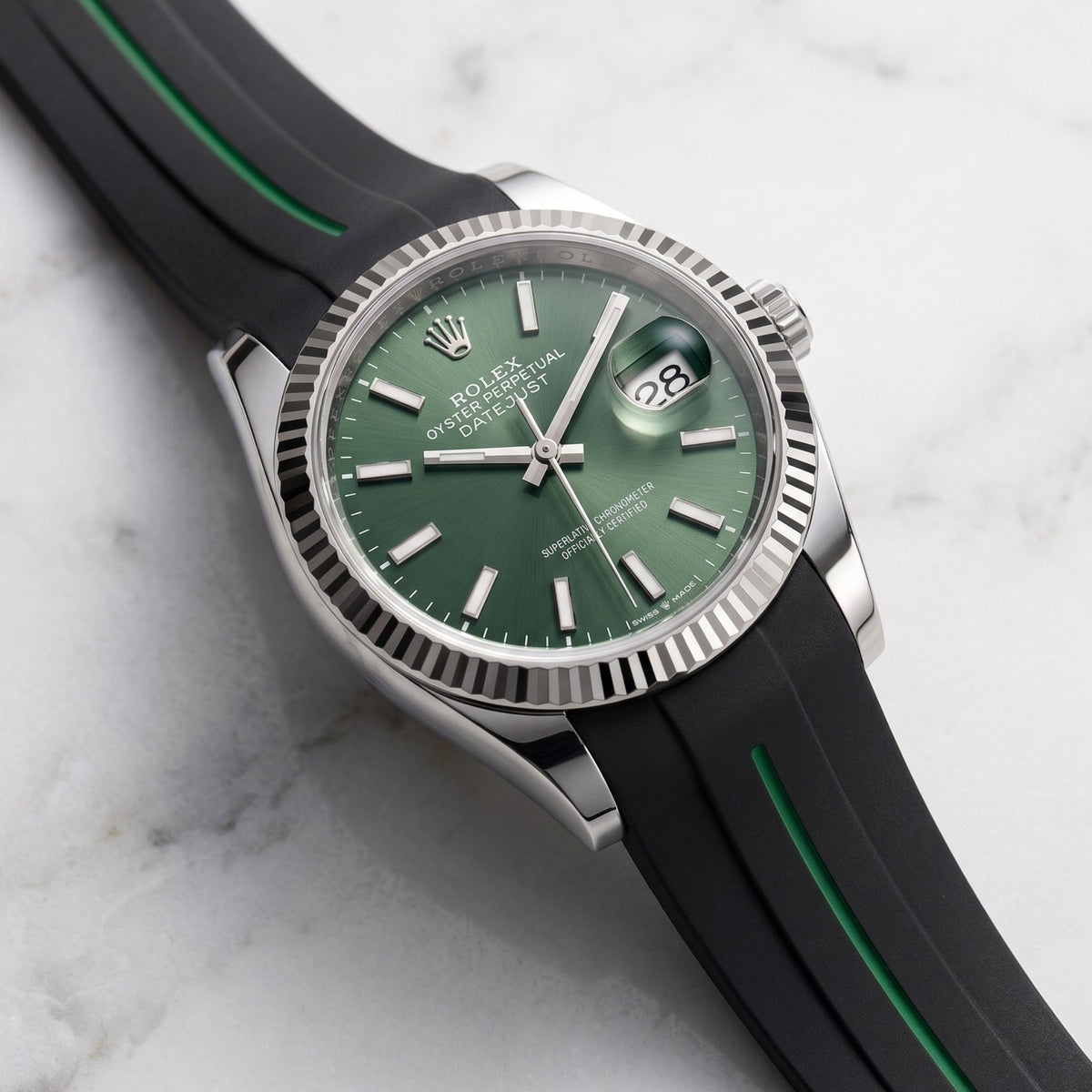 Rubber Strap - For Rolex Datejust 36 - Black w/Green Line | LuxLine® - Helvetus