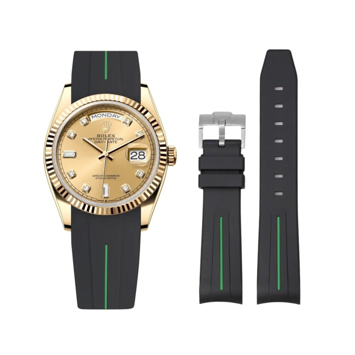 Rubber Strap - For Rolex Day - Date 40 - Black w/Green Line | LuxLine® - Helvetus