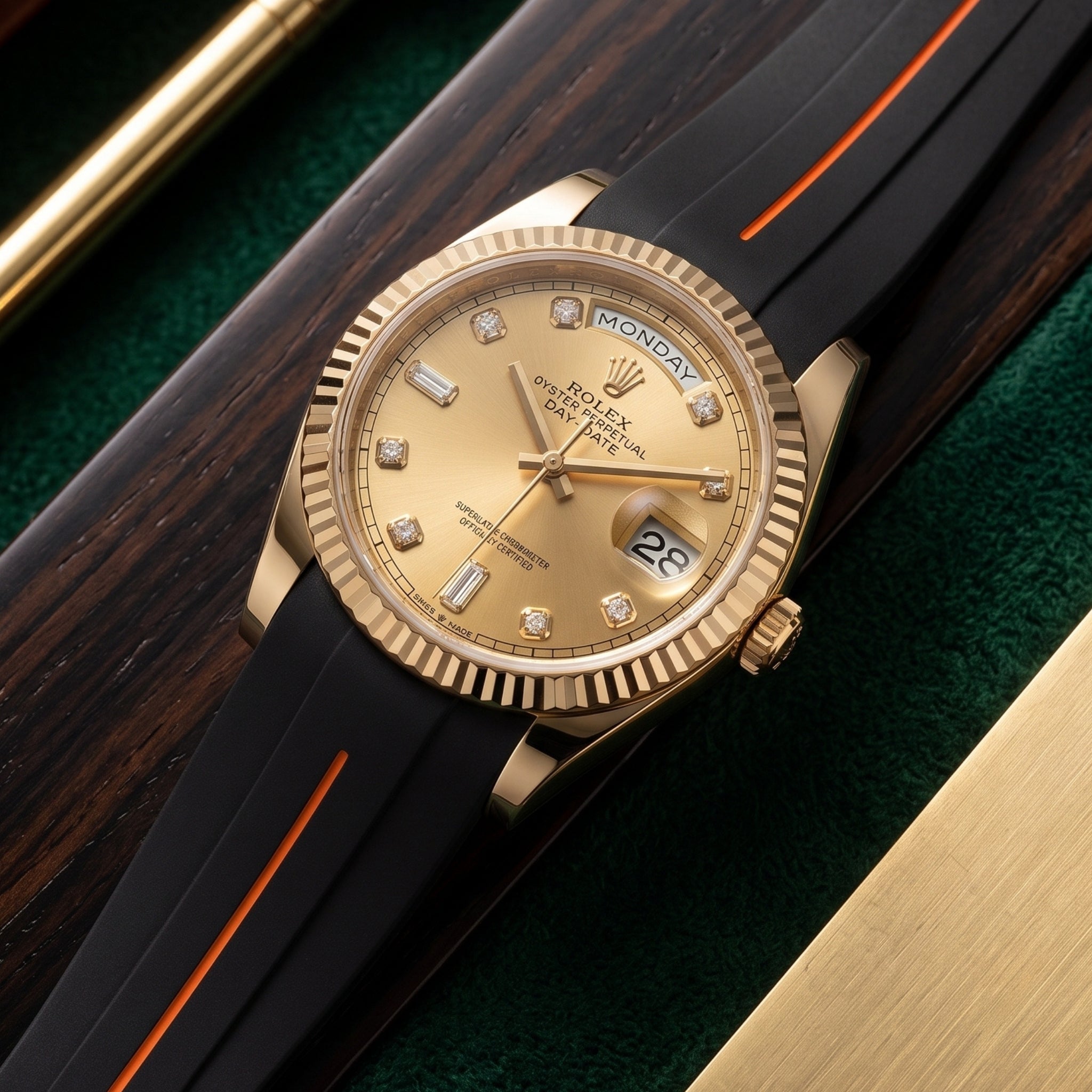 Rubber Strap - For Rolex Day-Date 40 - Black w/Orange Line | LuxLine® - Helvetus