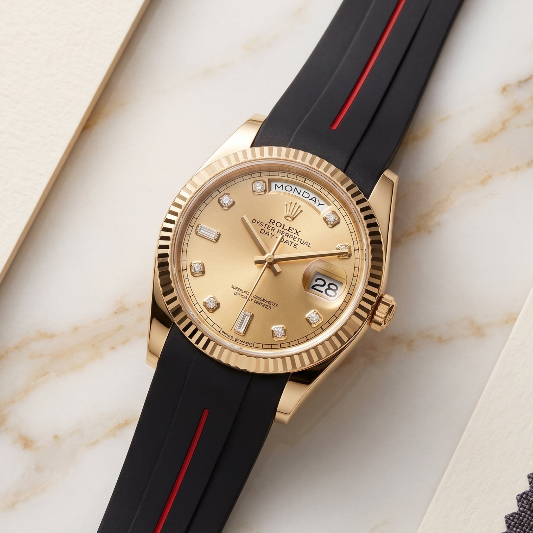 Rubber Strap - For Rolex Day-Date 40 - Black w/Red Line | LuxLine® - Helvetus