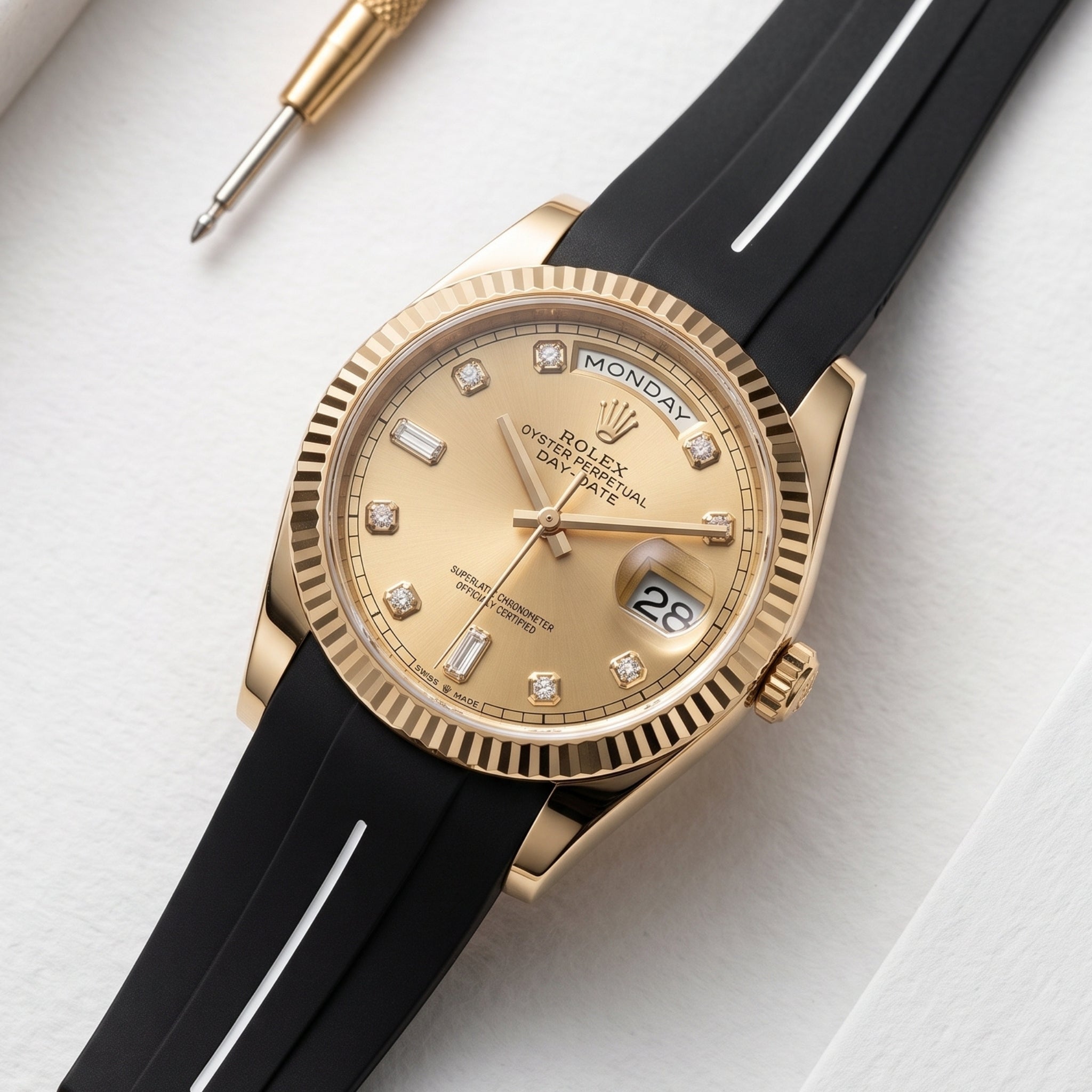Rubber Strap - For Rolex Day-Date 40 - Black w/White Line | LuxLine® - Helvetus