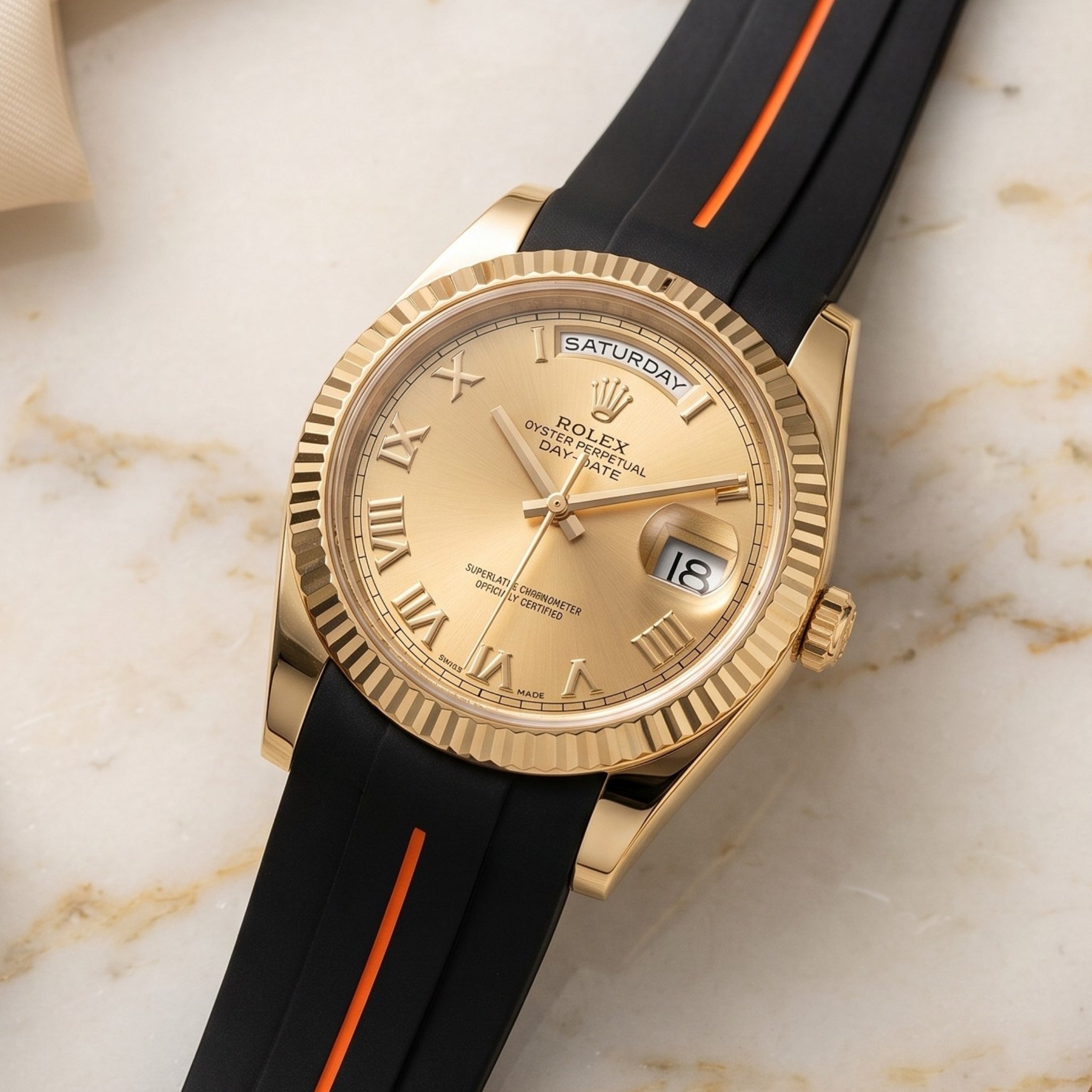 Rubber Strap - For Rolex Day-Date II 41mm - Black w/Orange Line | LuxLine® - Helvetus