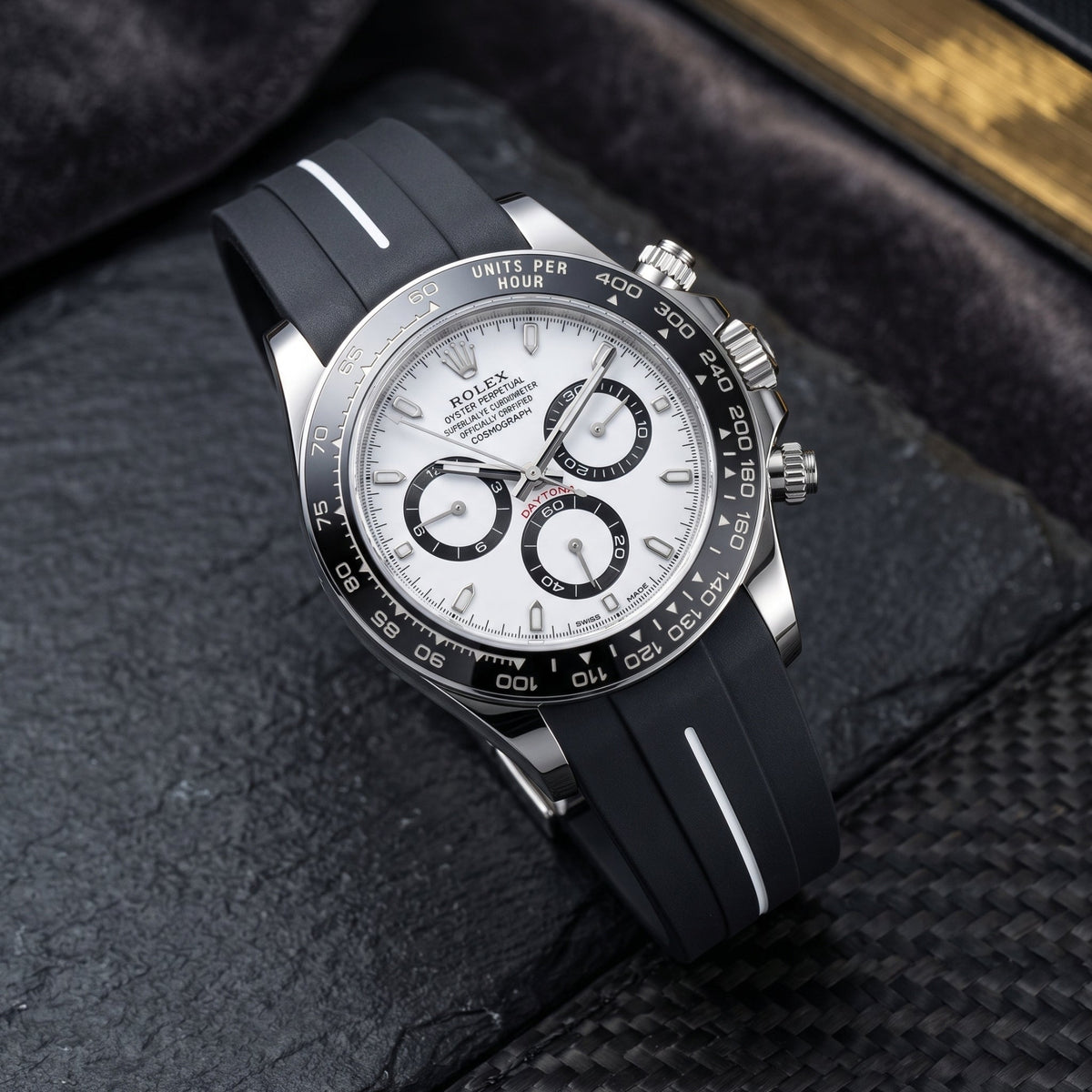 Rubber Strap - For Rolex Daytona - Black w/White Line | LuxLine® - Helvetus