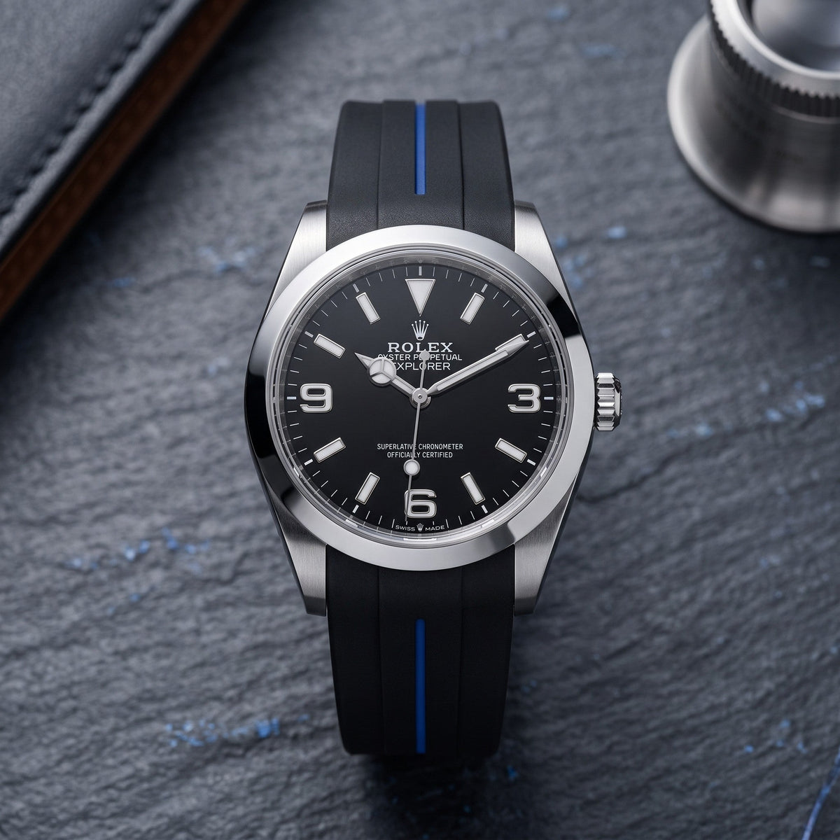 Rubber Strap - For Rolex Explorer I - Black w/Blue Line | LuxLine® - Helvetus