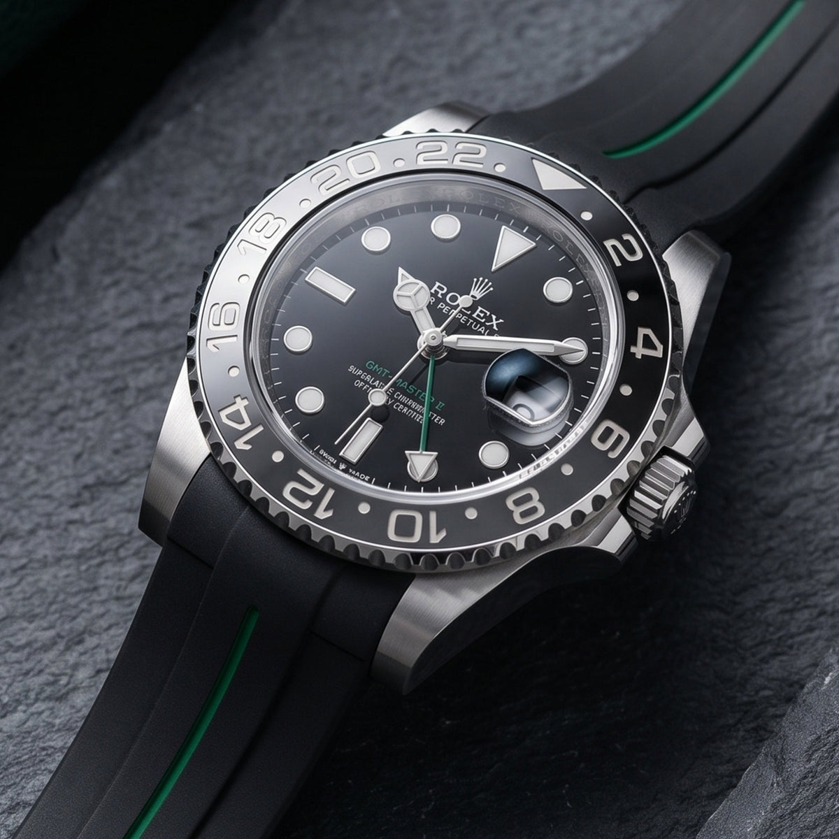 Rubber Strap - For Rolex GMT-Master II - Black w/Green Line | LuxLine® - Helvetus