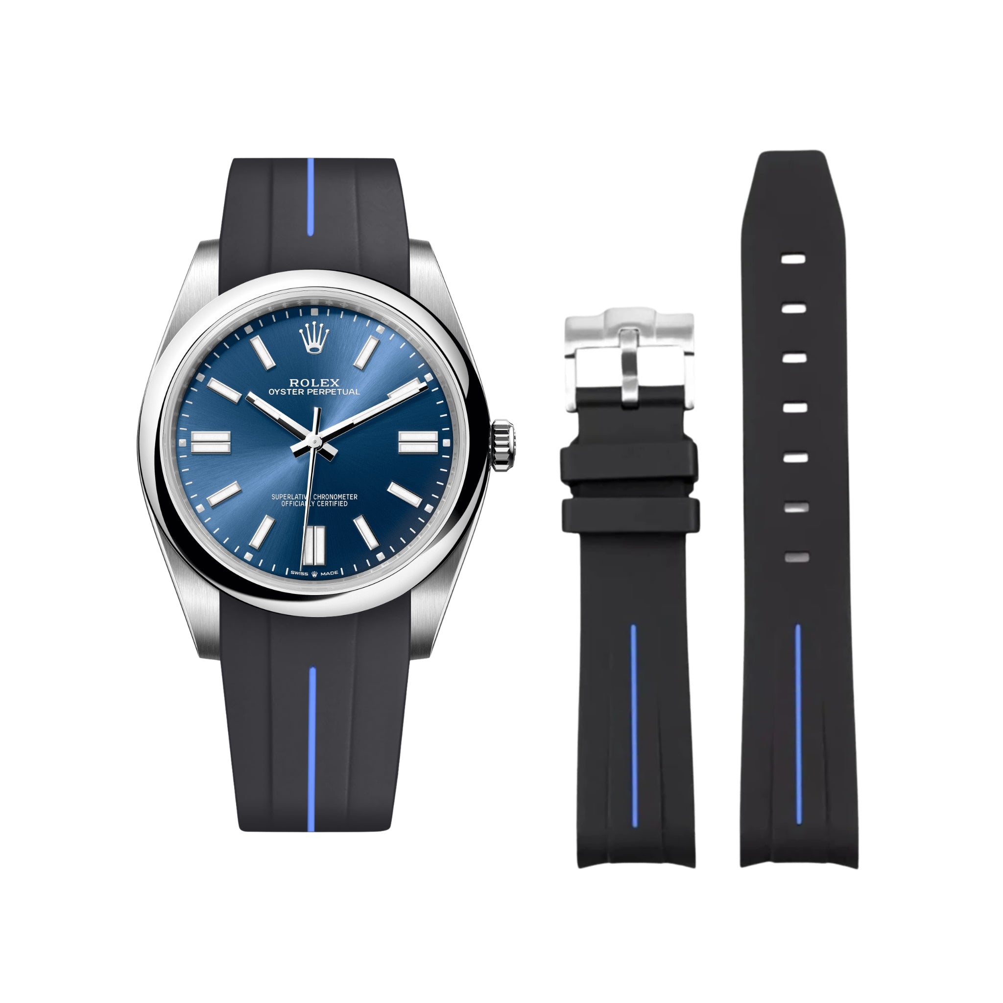 Rubber Strap - For Rolex Oyster Perpetual 41mm - Black w/Blue Line | LuxLine® - Helvetus
