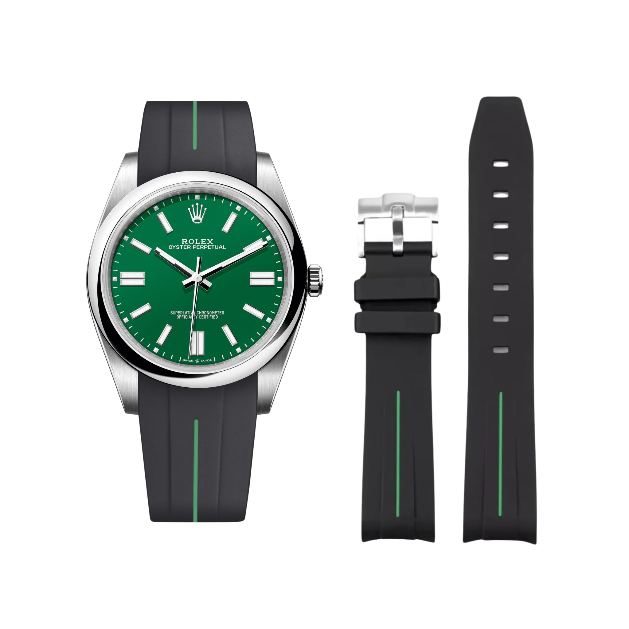 Rubber Strap - For Rolex Oyster Perpetual 41mm - Black w/Green Line | LuxLine® - Helvetus