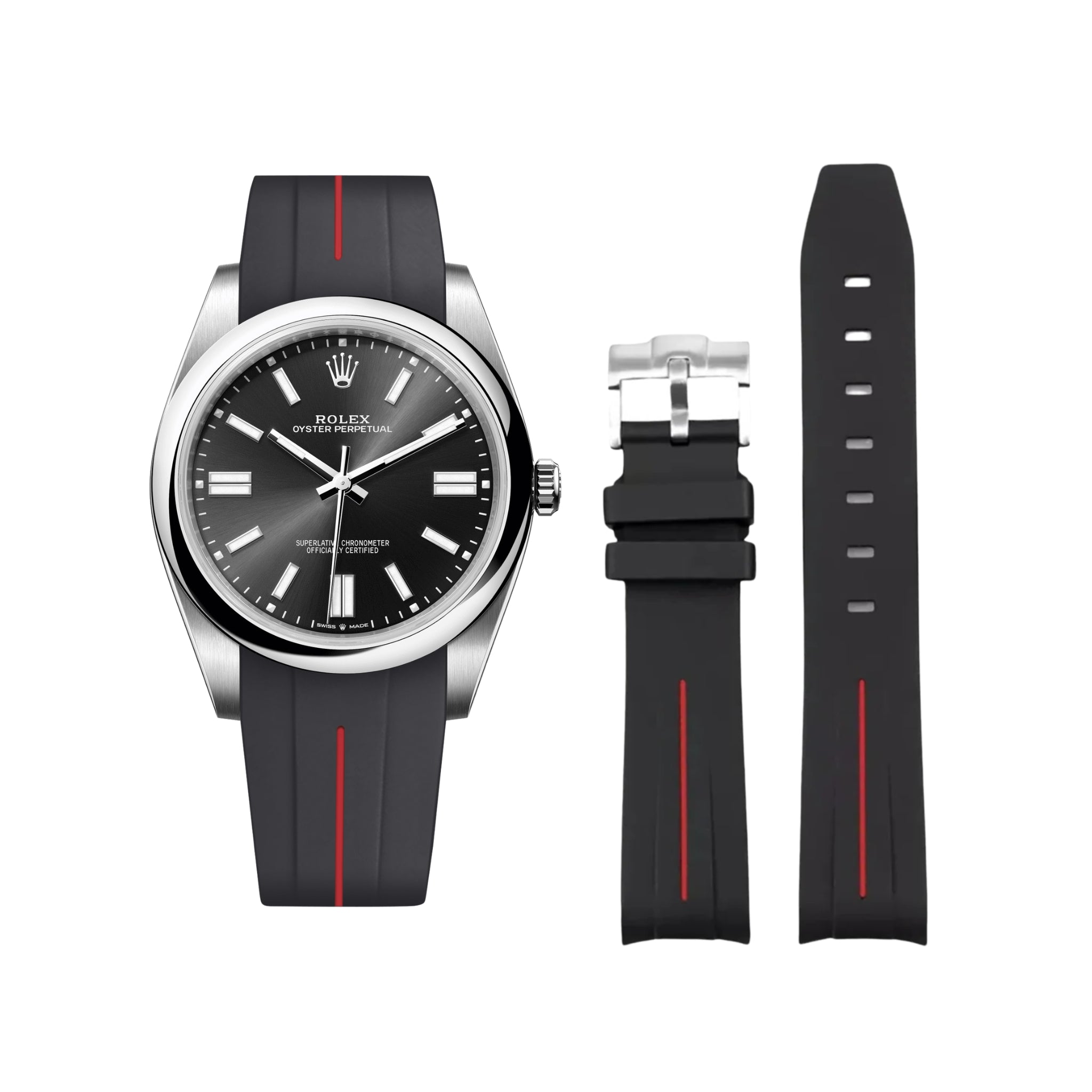 Rubber Strap - For Rolex Oyster Perpetual 41mm - Black w/Red Line | LuxLine® - Helvetus