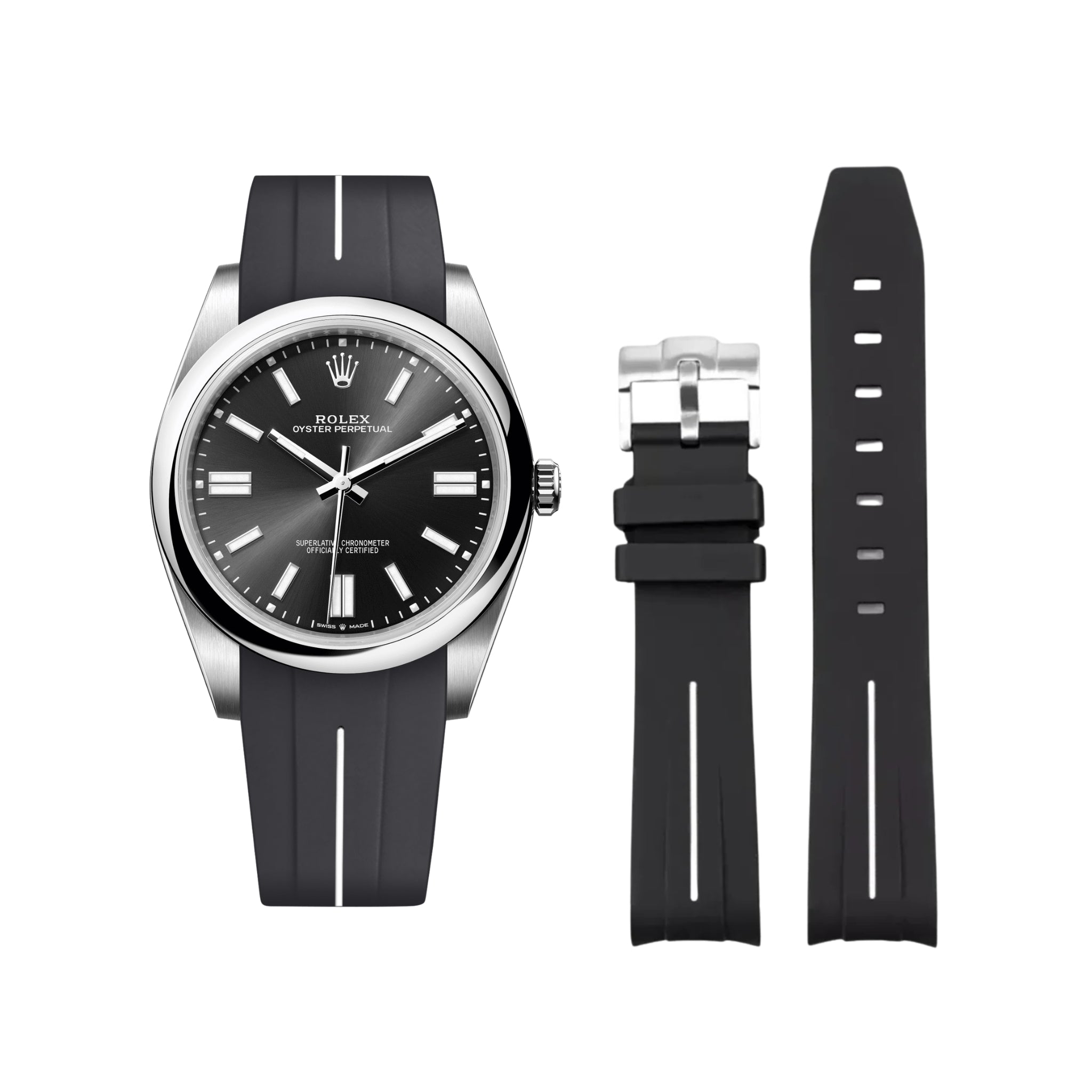 Rubber Strap - For Rolex Oyster Perpetual 41mm - Black w/White Line | LuxLine® - Helvetus