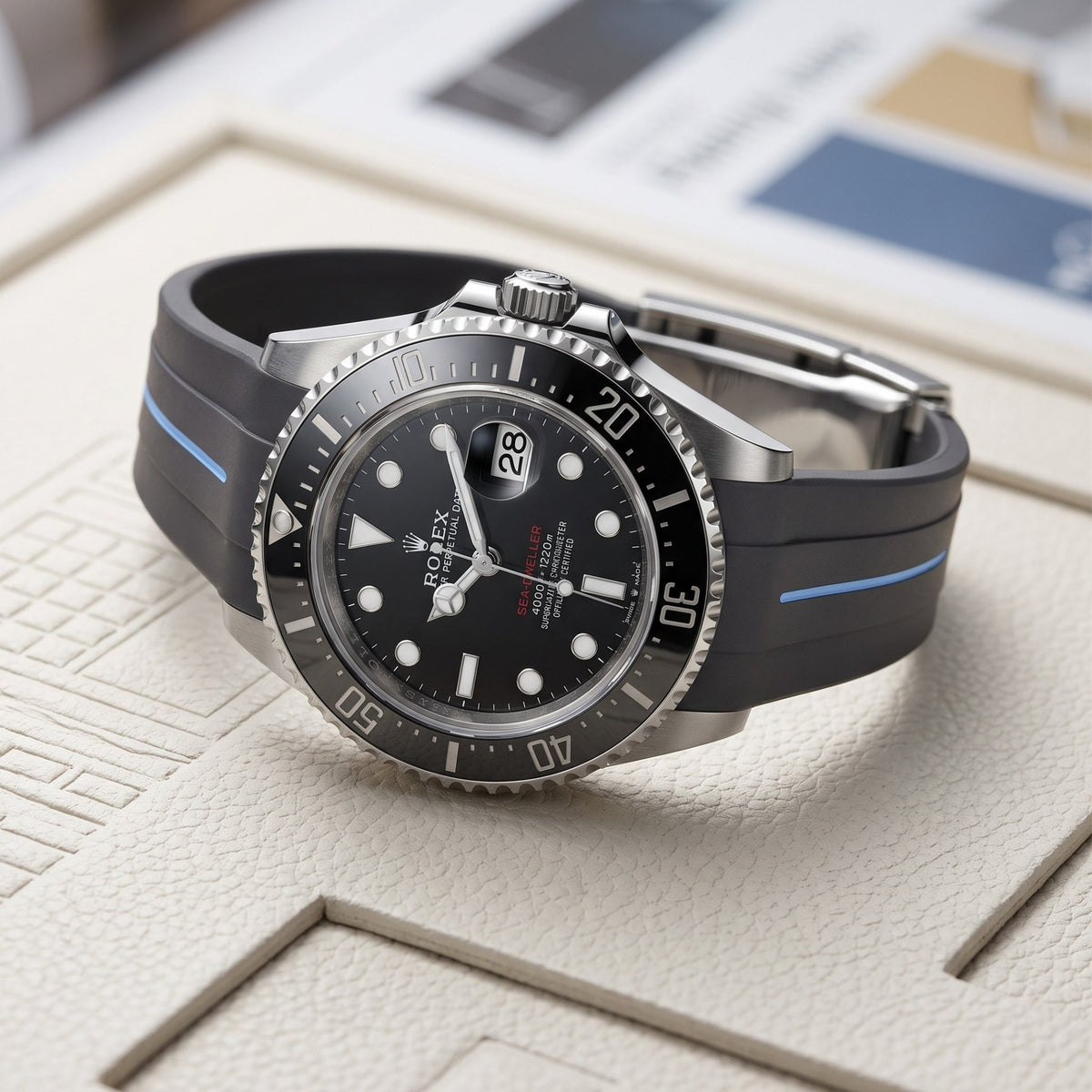 Rubber Strap - For Rolex Sea-Dweller - Black w/Blue Line | LuxLine® - Helvetus