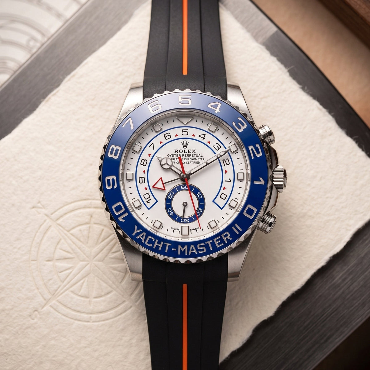 Rubber Strap - For Rolex Yacht-Master II 44mm - Black w/Orange Line | LuxLine® - Helvetus